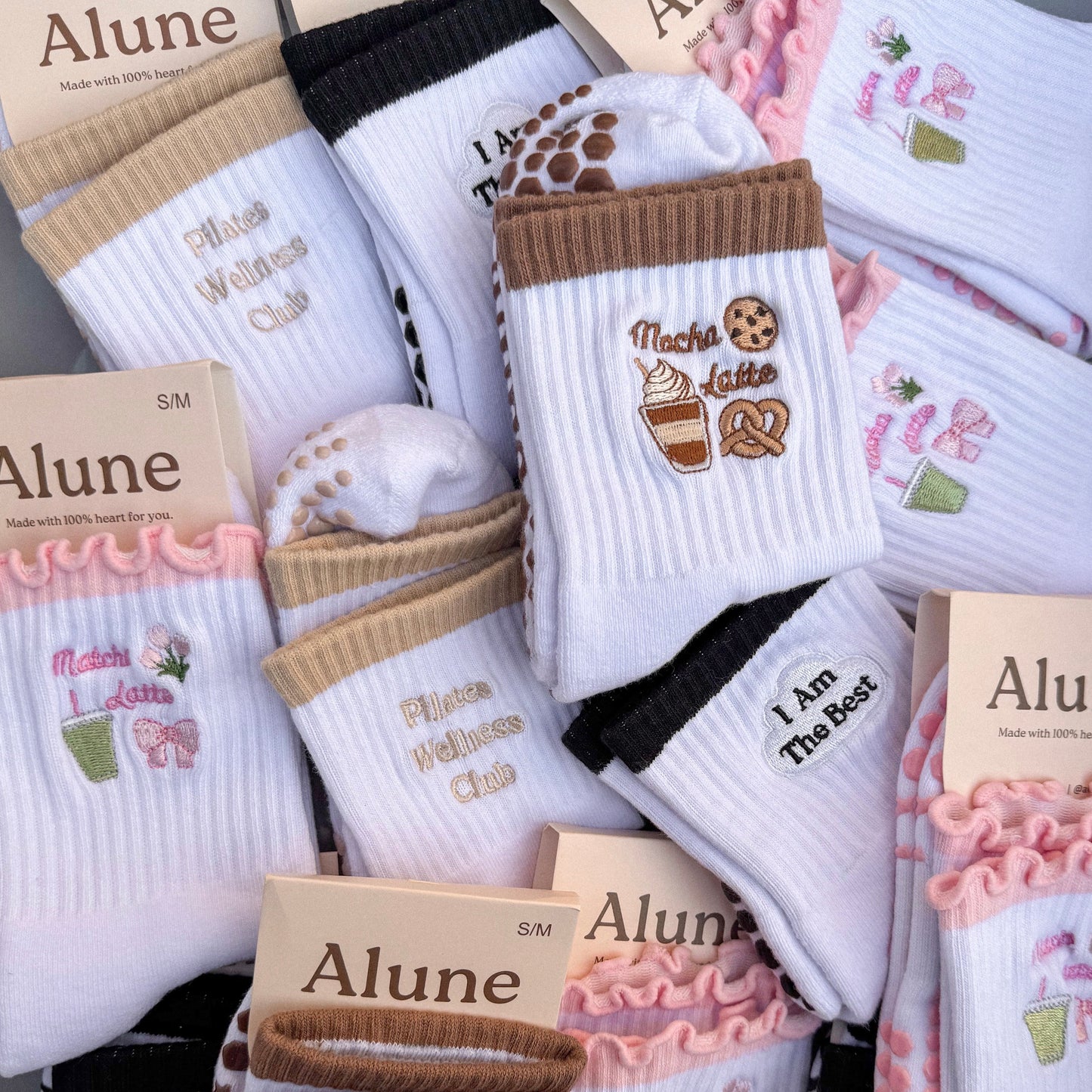 Pilates Wellness Club, Alune, Cute, Latte, Pink, Beige, Brown, Black, White Non-slip Grip Socks for Pilates, yoga, barre, and daily wearing