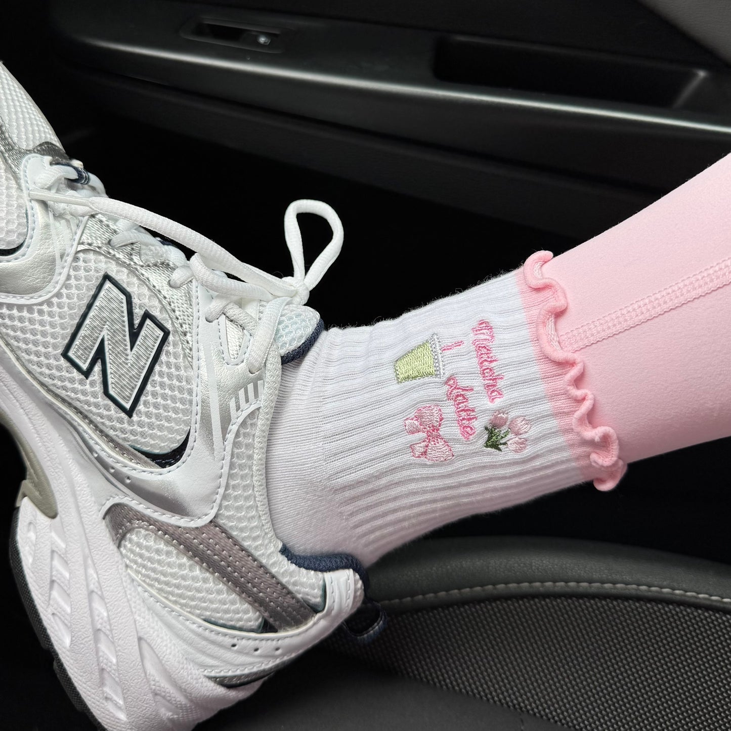 Pink Matcha, Ribbon, Tulips, Non-slip Grip Socks for Pilates, yoga, barre, and daily wearing