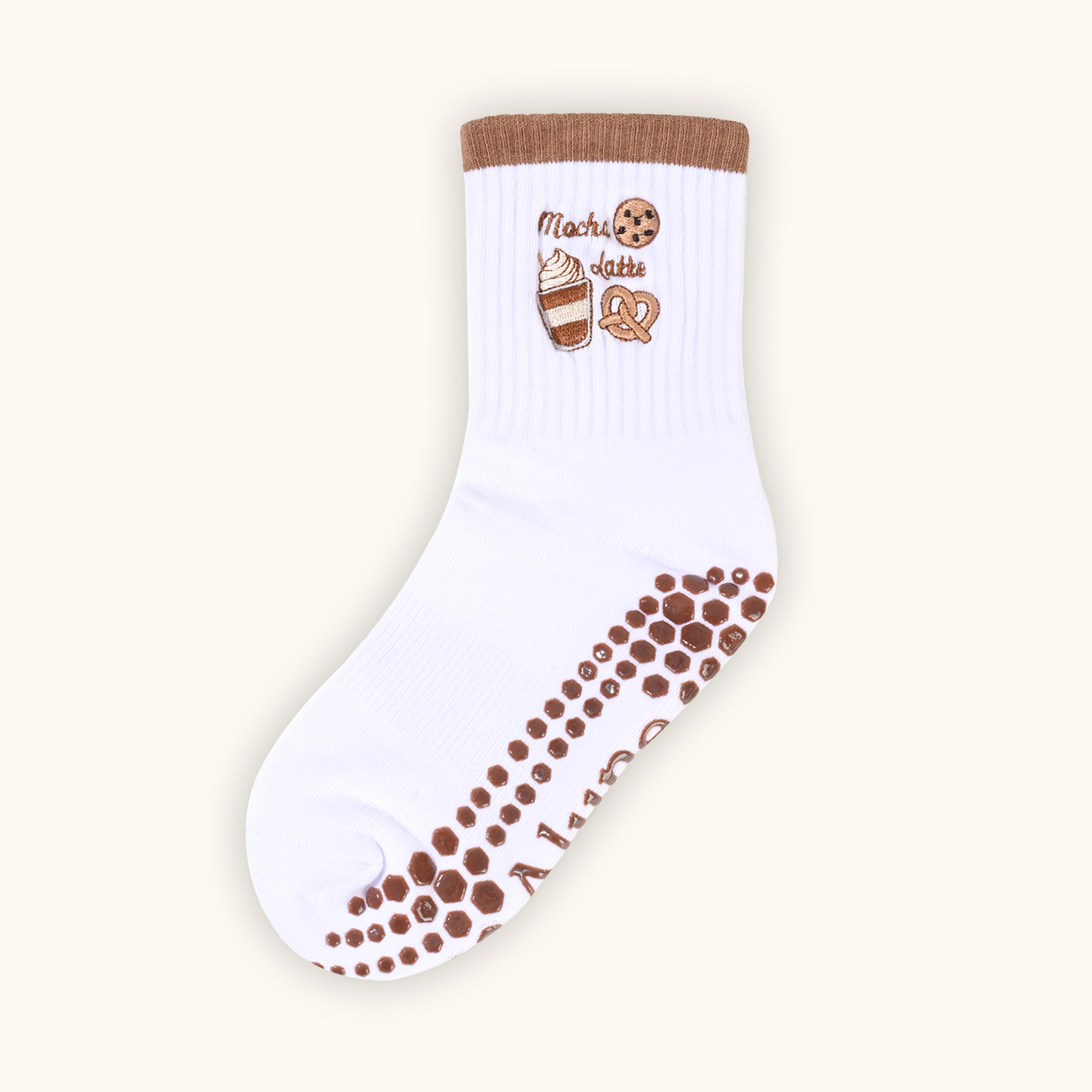 Brown, Mocha, Coffee, Latte, Pretzel, Cookie, Chocolate Non-slip Grip Socks for Pilates, yoga, barre, and daily wearing