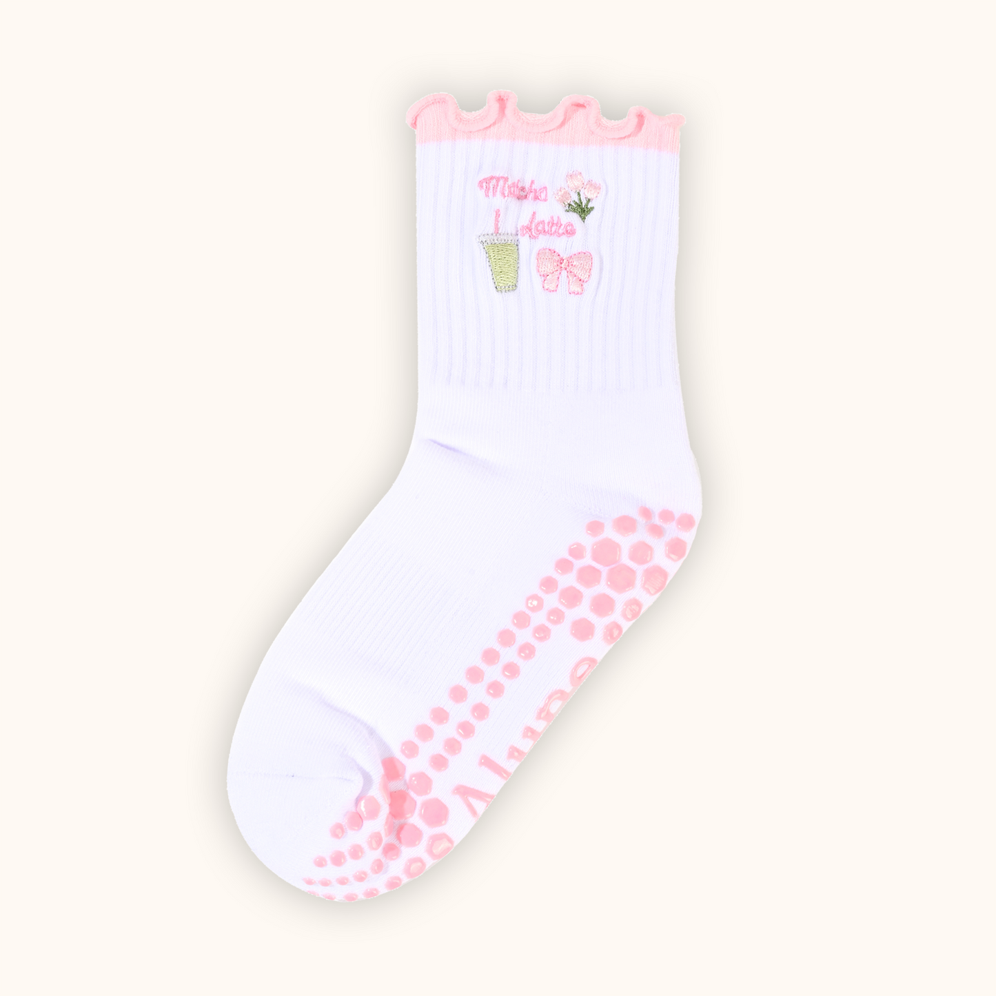 Pink Matcha, Ribbon, Tulips, Non-slip Grip Socks for Pilates, yoga, barre, and daily wearing