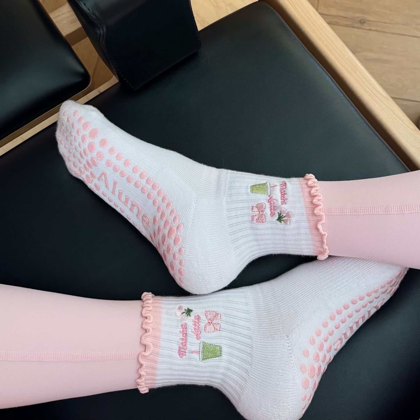 Pink Matcha, Ribbon, Tulips, Non-slip Grip Socks for Pilates, Lagree, yoga, barre, and daily wearing
