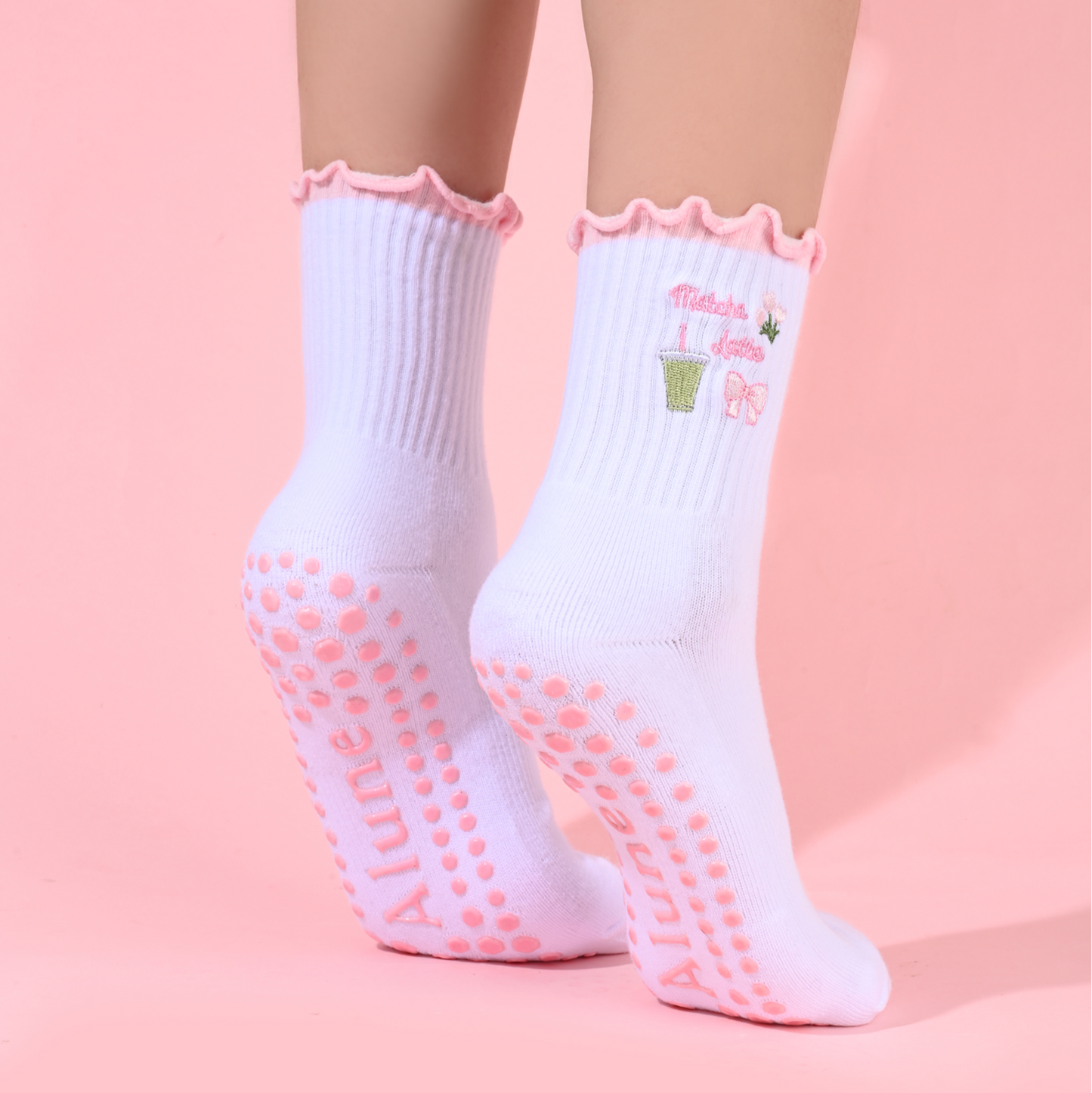 Pink Matcha, Ribbon, Tulips, Non-slip Grip Socks for Pilates, Lagree, yoga, barre, and daily wearing