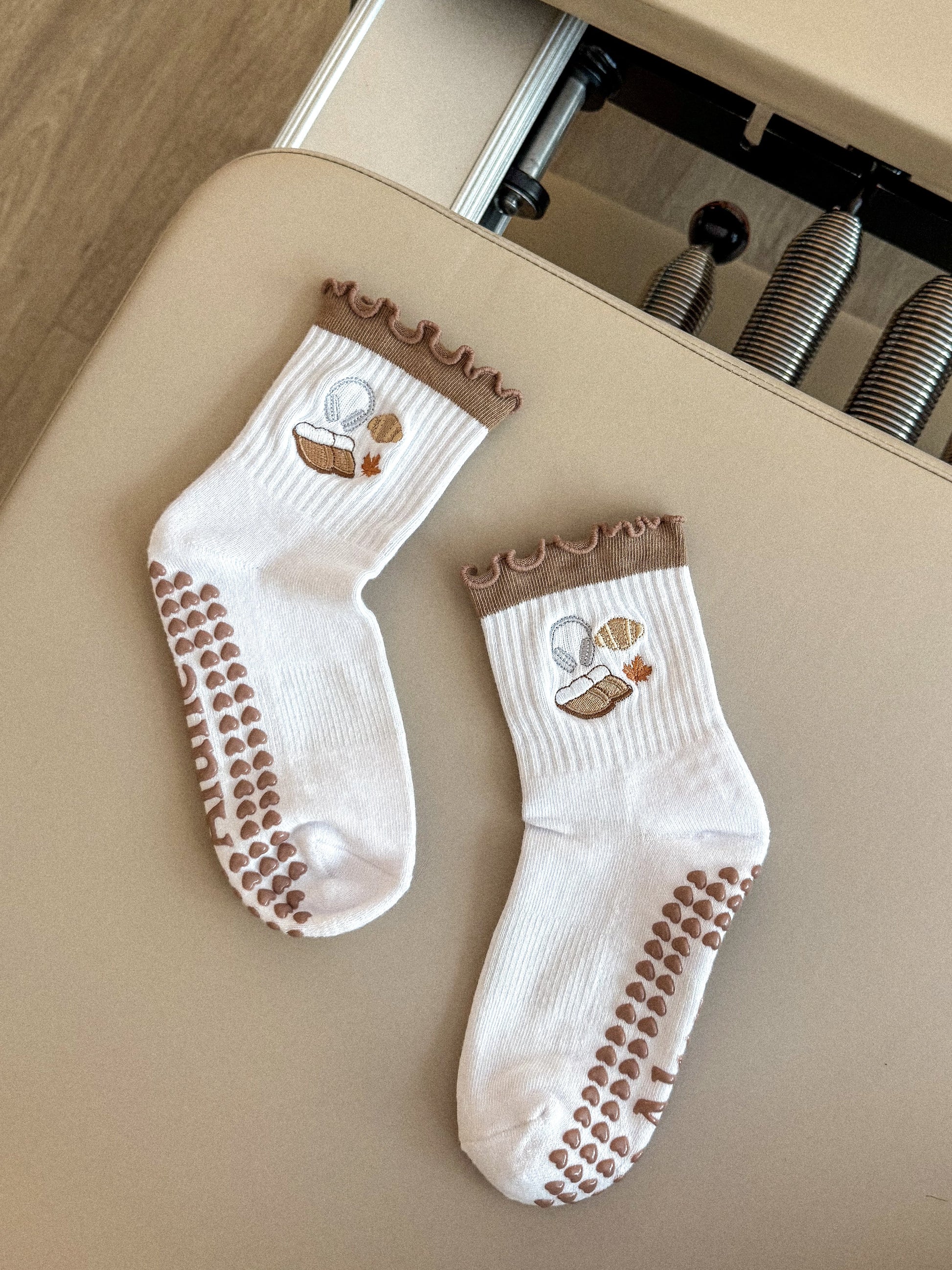 Cozy, Autumn, Fall, croissant, airpods, headphone, golden leaves, leaf, UGG, boots, Non-slip Grip Socks for Pilates, Lagree, yoga, barre, and daily wearing