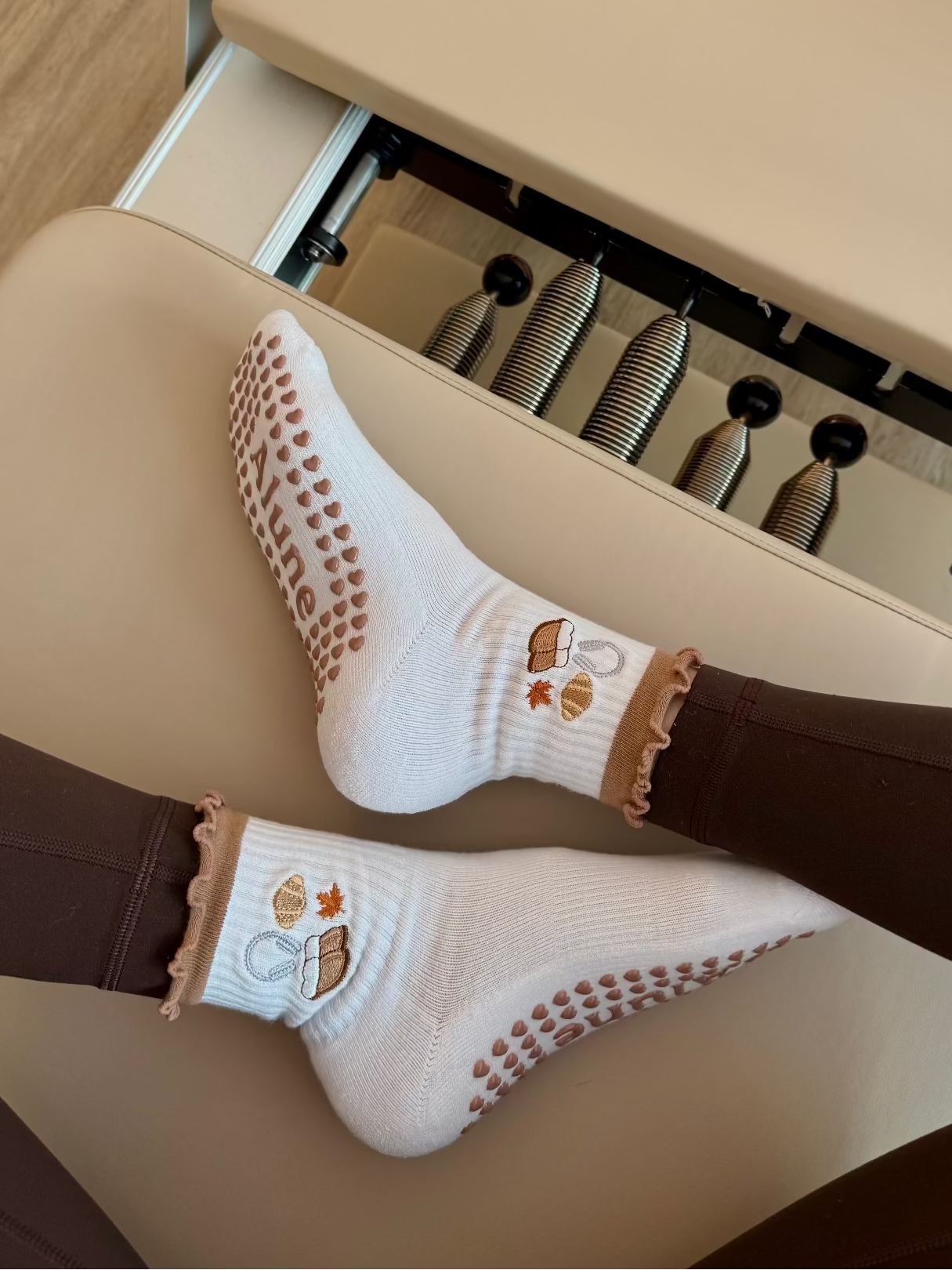 Cozy, Autumn, Fall, croissant, airpods, headphone, golden leaves, leaf, UGG, boots, Non-slip Grip Socks for Pilates, Lagree, yoga, barre, and daily wearing