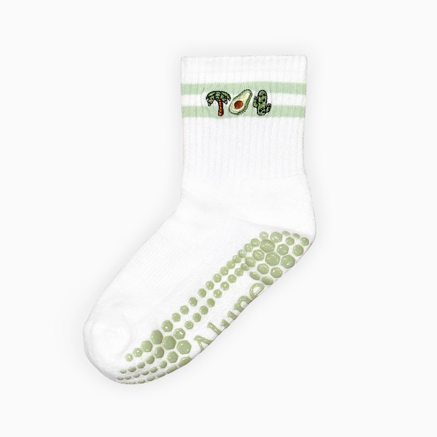 non-slip pilates socks. Cali Greens Grip Socks with embroidered palm trees, avocado, and cactus. 
