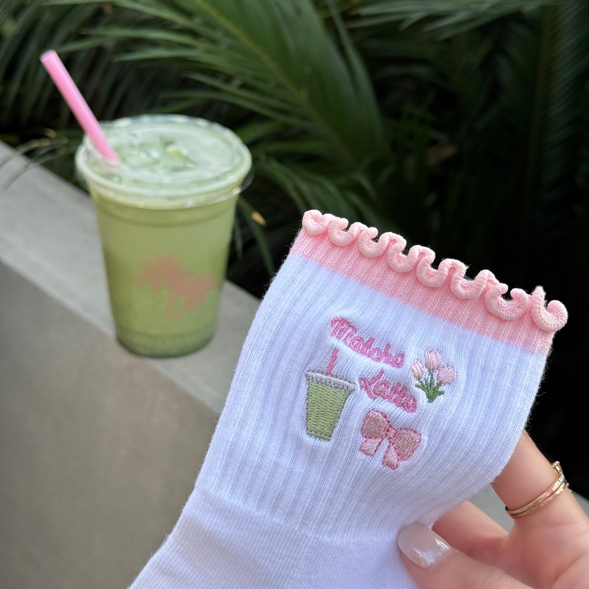 Pink Matcha, Ribbon, Tulips, Non-slip Grip Socks for Pilates, yoga, barre, and daily wearing