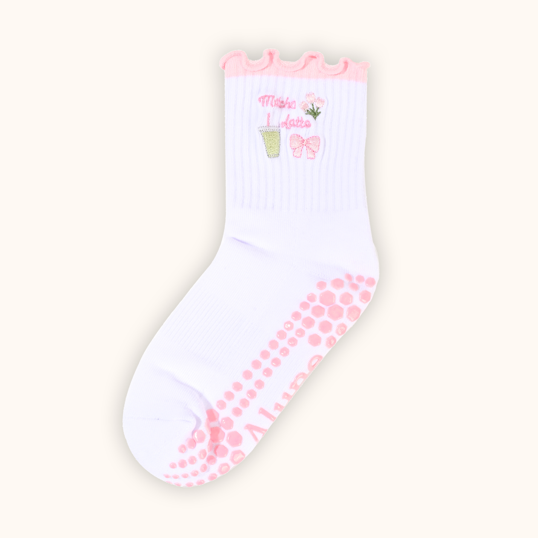 Pink Matcha, Ribbon, Tulips, Non-slip Grip Socks for Pilates, yoga, barre, and daily wearing