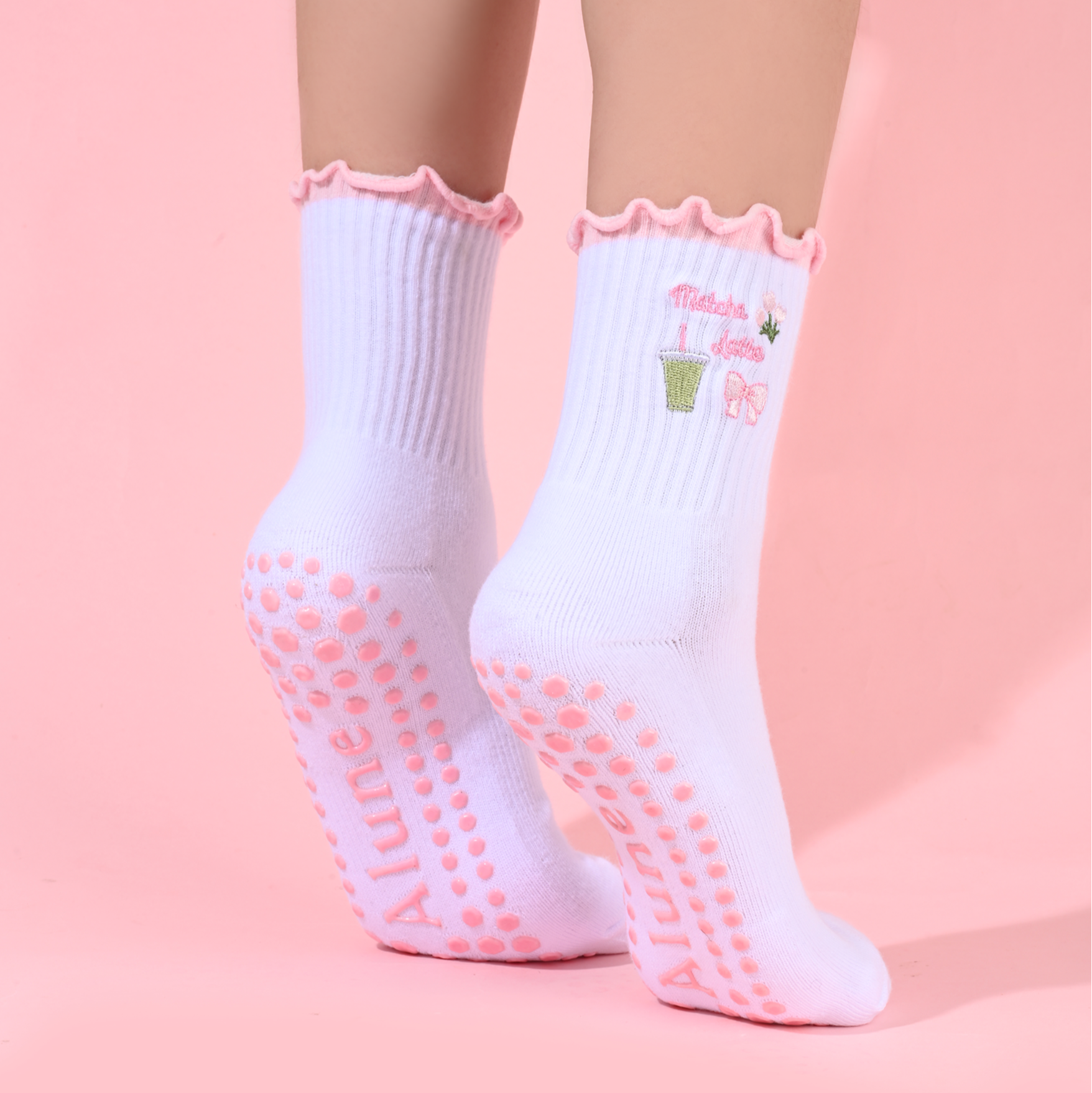 Pink Matcha, Ribbon, Tulips, Non-slip Grip Socks for Pilates, yoga, barre, and daily wearing